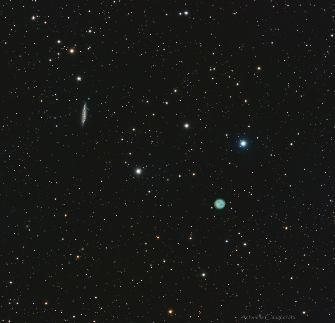 I due protagonisti sono lontani milioni di anni luce fra di loro, ma perfettamente allineati nella nostra linea di vista nella Costellazione dell'Orsa Maggiore: la galassia a spirale barrata M108 attraversa il campo come una lama di polveri scure, ricca di nodi stellari e regioni di formazione stellare appena accennate. Accanto a lei, quasi in sospensione, brilla la nebulosa planetaria M97 - Copyright: Antonella Ciangherotti