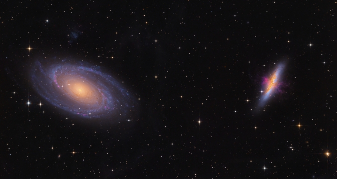 M81 (Galassia di Bode) e M82 (Galassia Sigaro) sono i membri più importanti di un gruppo più ampio di 34 galassie, tutte situate nella costellazione dellOrsa maggiore, distanti mediamente dal nostro sistema solare circa 11,7 milioni di anni luce. - Copyright: Federico Vittorio Mantovani 